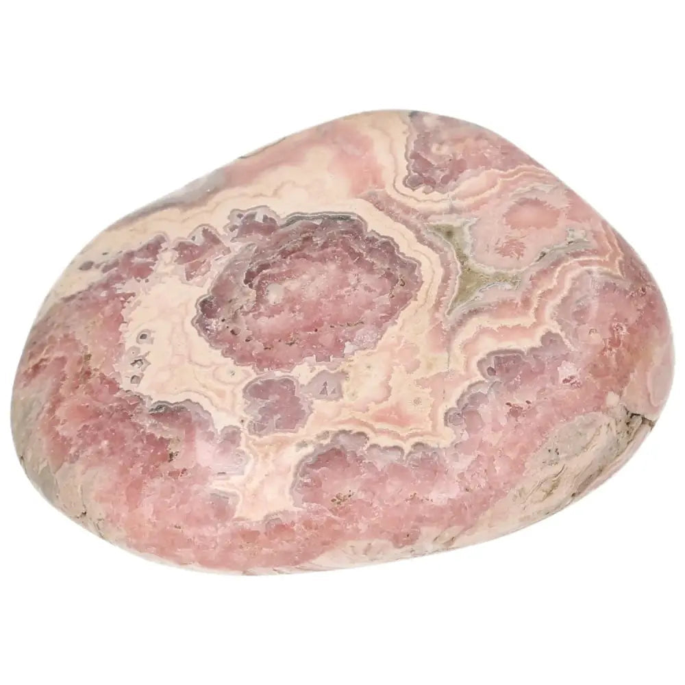 Polished Rhodochrosite gemstone with pink hues and intricate banding, sourced by Sylvia Crystals for emotional healing and spiritual growth.