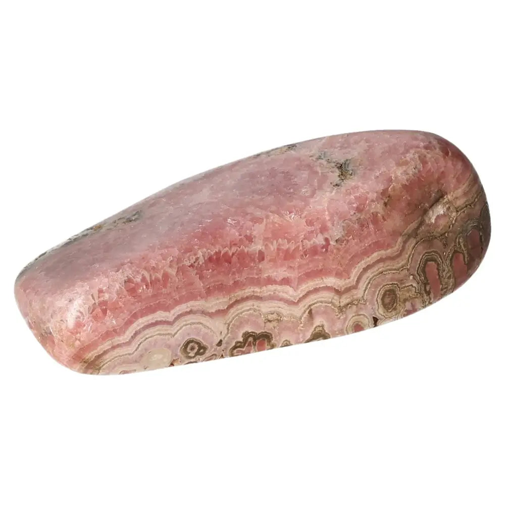 Polished Rhodochrosite gemstone, vivid pink hues, Sylvia Crystals, premium quality, unique metaphysical properties, handpicked, crafted.