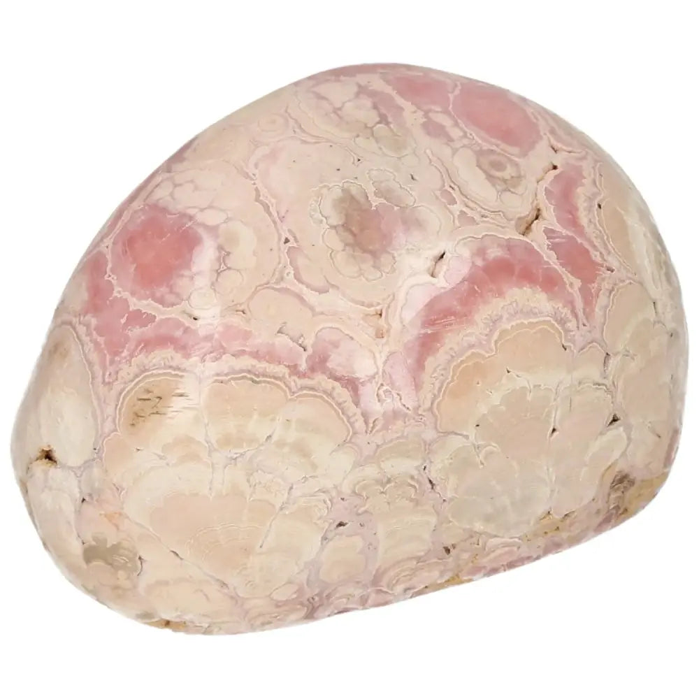 Polished Rhodochrosite gemstone showcasing vibrant pink hues and unique banding, symbolizing love, from Sylvia Crystals.
