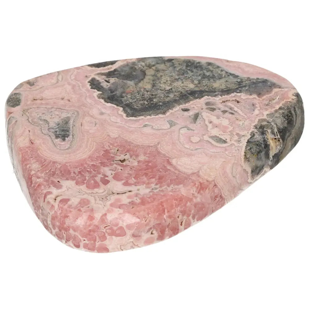 Polished Rhodochrosite gemstone showcasing vibrant pink hues and delicate banding, offered by Sylvia Crystals for premium quality.
