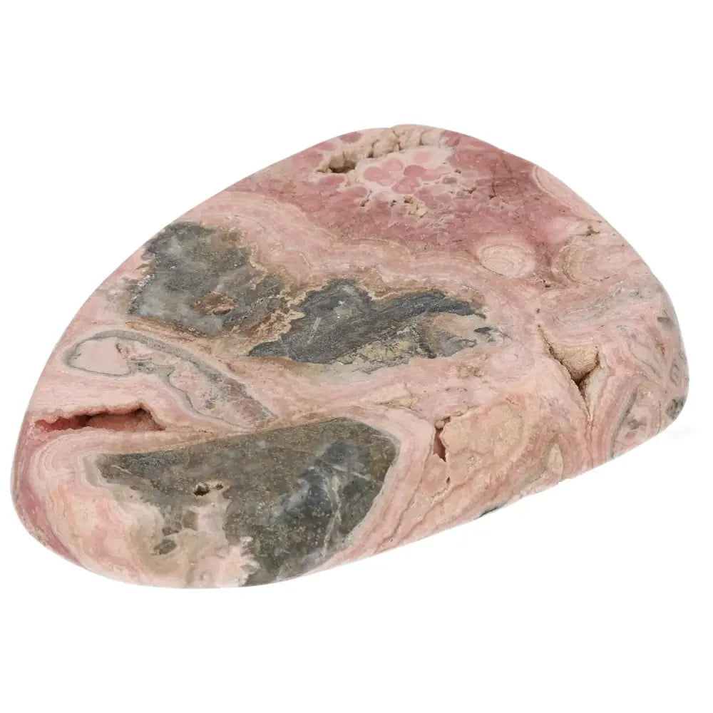 Polished Rhodochrosite gemstone with pink hues and banding, showcasing Sylvia Crystals' premium quality and ethical sourcing.
