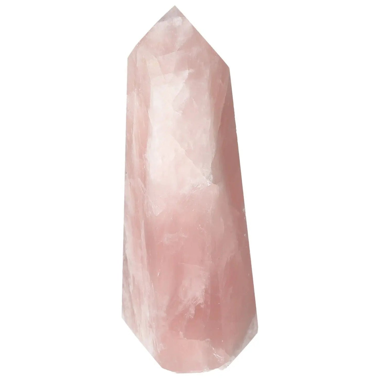 Polished rose quartz obelisk from Sylvia Crystals, showcasing natural beauty and spiritual depth in a decorative stone piece.
