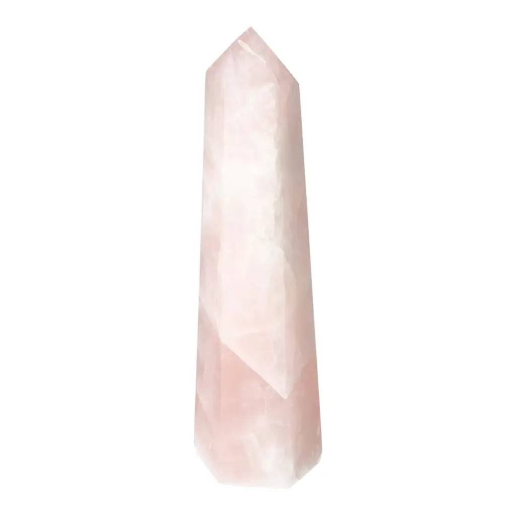 Polished rose quartz obelisk reflecting luxury and elegance, crafted with divine geometry, from the Sylvia Crystals collection.
