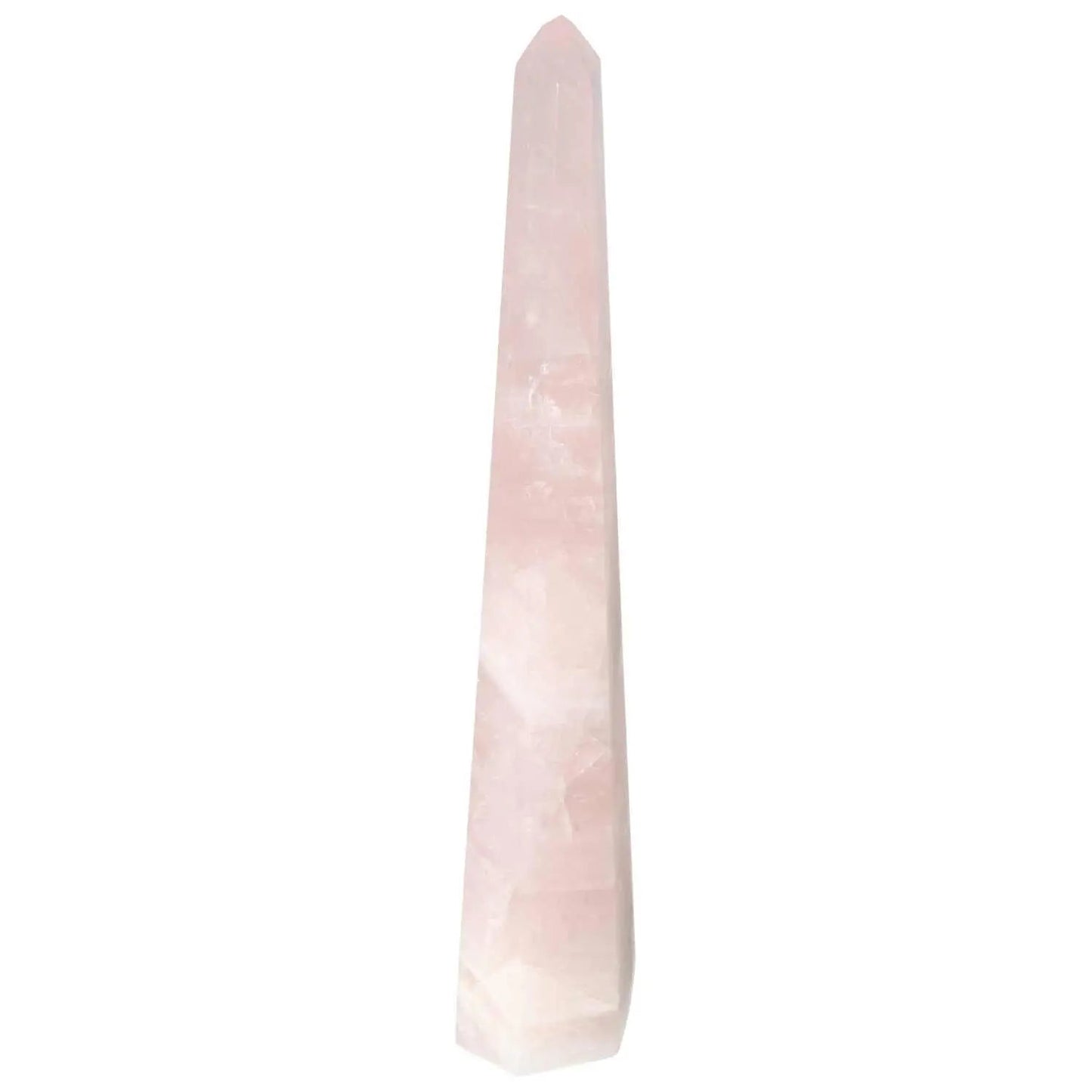 Polished Rose Quartz Obelisk by Sylvia Crystals, symbolizing luxury and spiritual elegance. Perfect for stylish home decor.