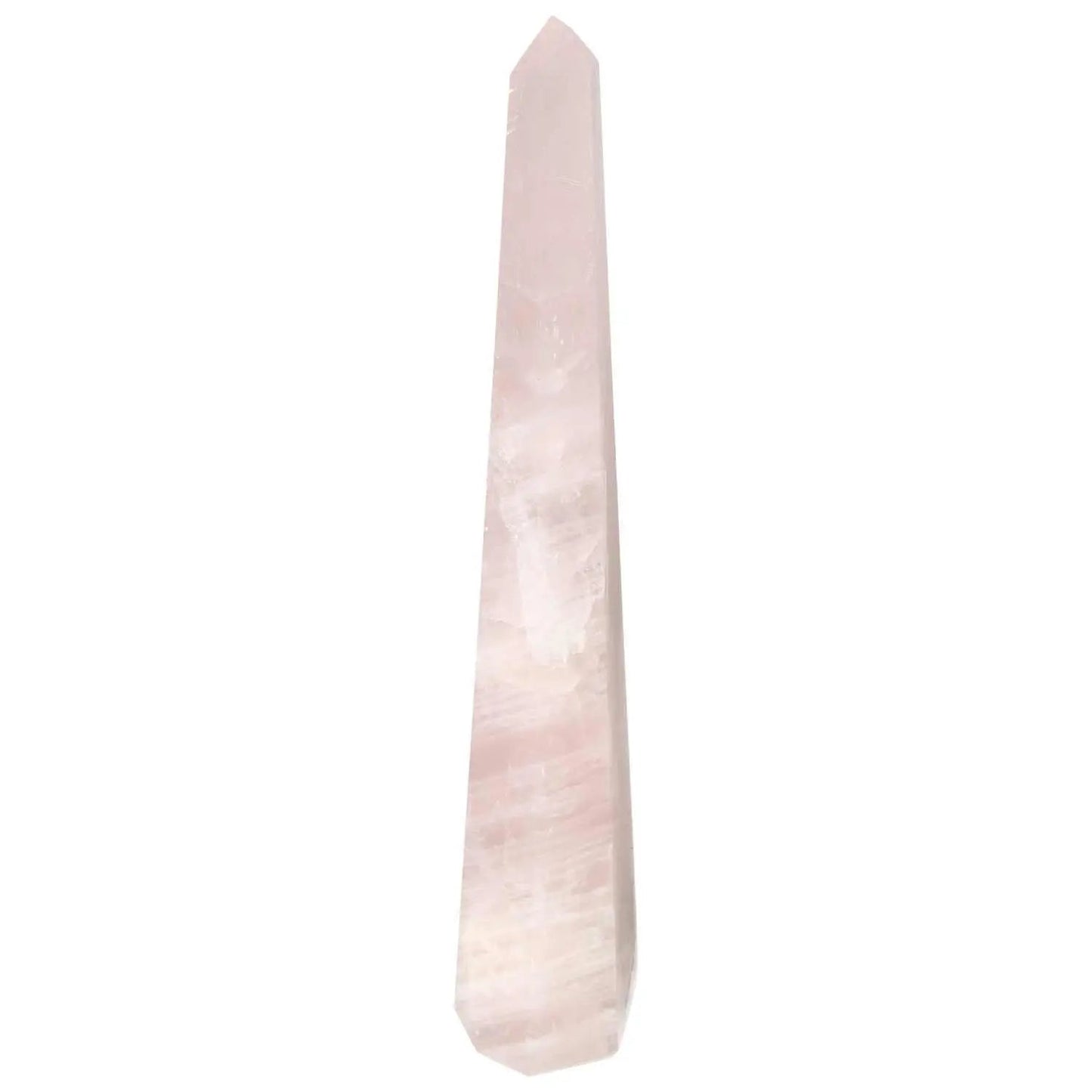 Polished rose quartz obelisk from Sylvia Crystals, embodying luxury and spiritual elegance, pink gemstone.