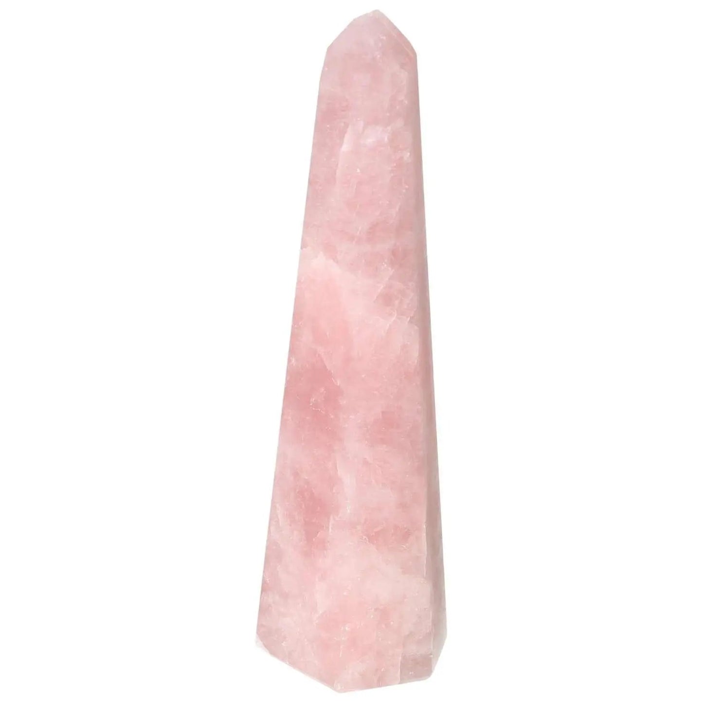 Polished Rose Quartz Obelisk by Sylvia Crystals, symbolizing luxury and harmony, premium handpicked pink quartz crystal centerpiece.