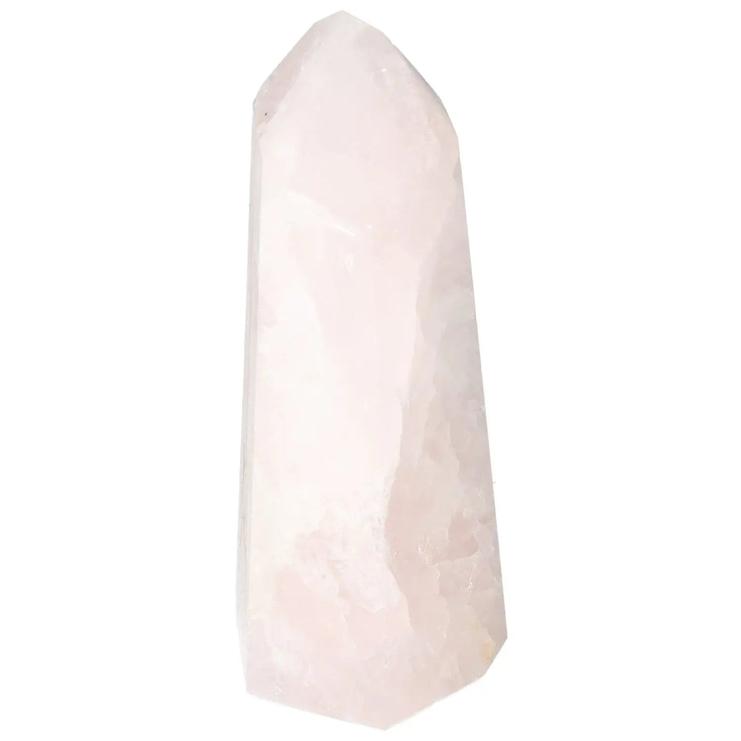 Polished Rose Quartz Obelisk by Sylvia Crystals with a gentle pink hue, perfect for enhancing any space with elegance and spiritual energy.