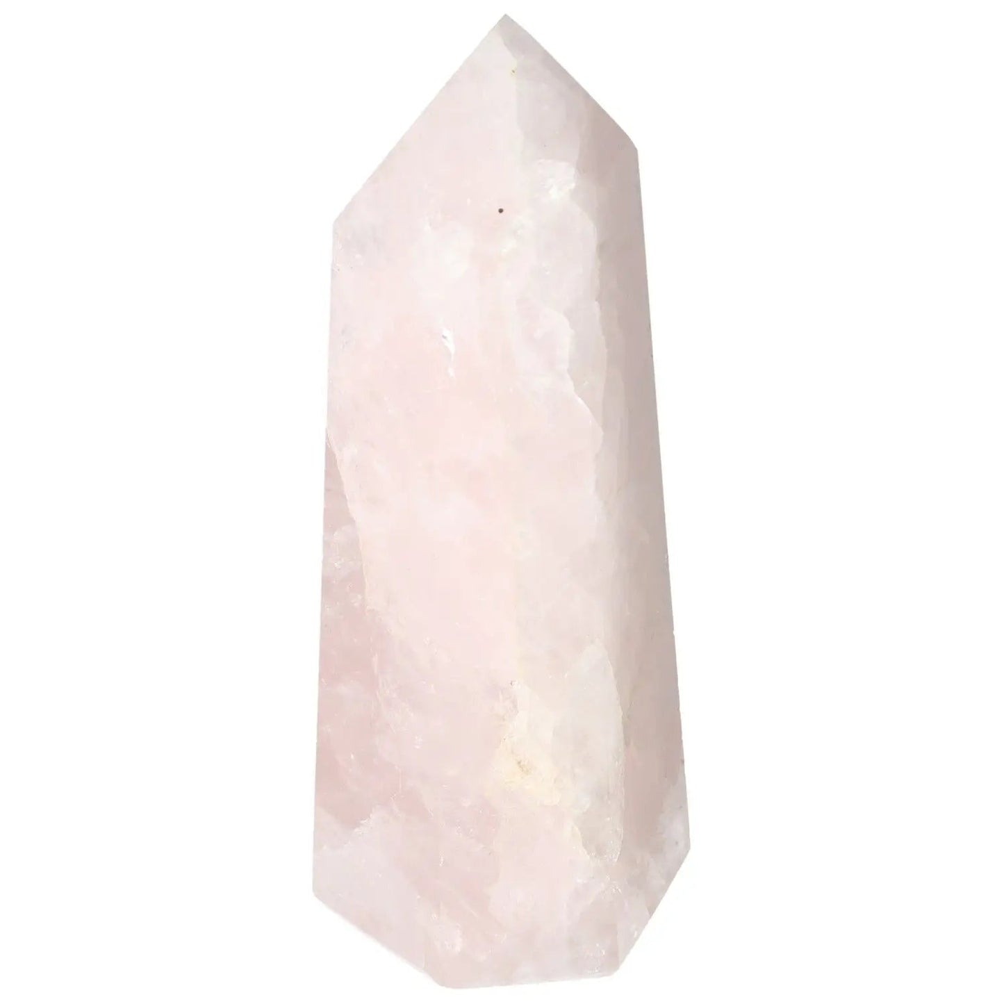 Polished Rose Quartz Obelisk, Sylvia Crystals creation, displaying soft pink hue and spiritual energy properties.