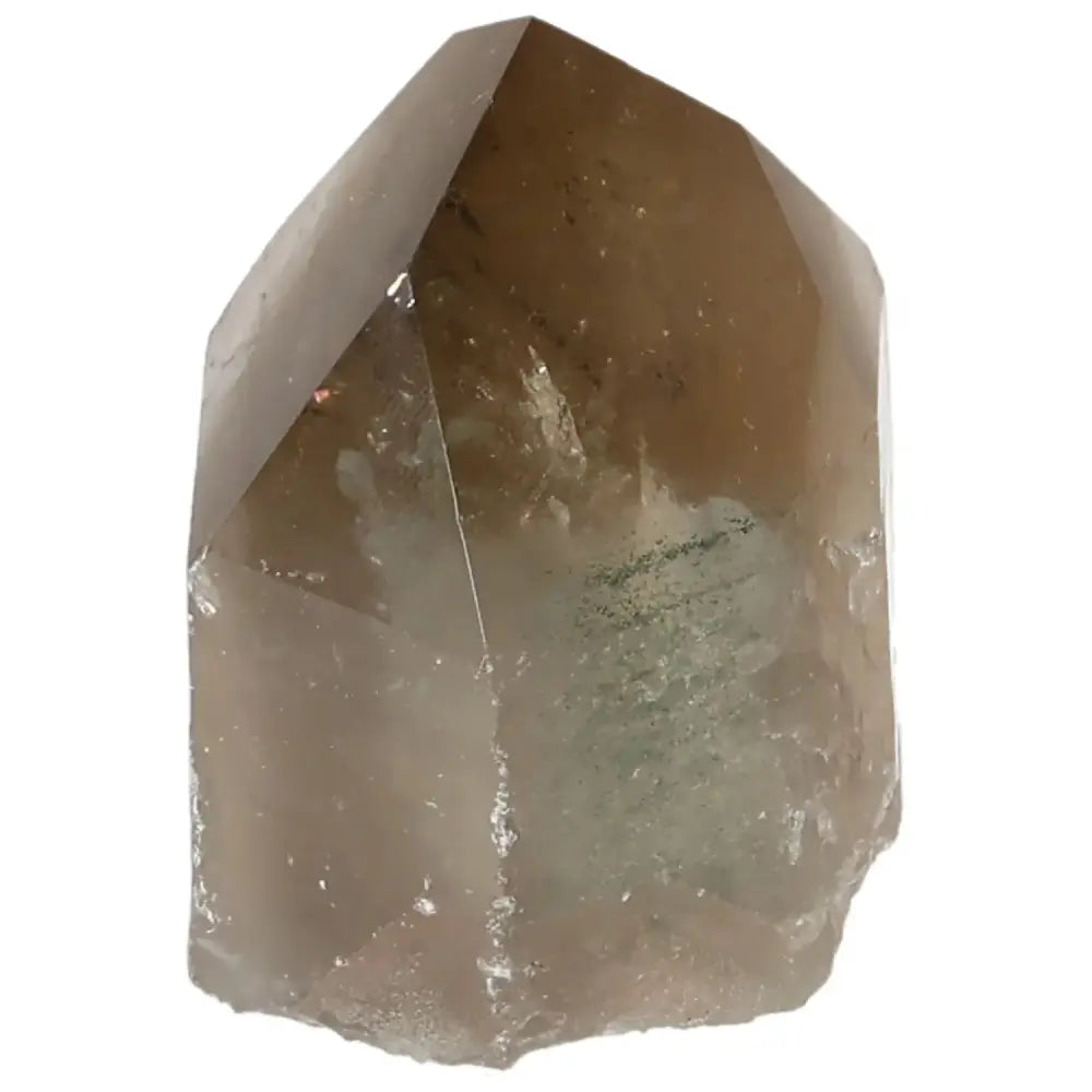 Polished smoky quartz crystal point with earthy tones from Sylvia Crystals, showcasing natural allure and protective energy.