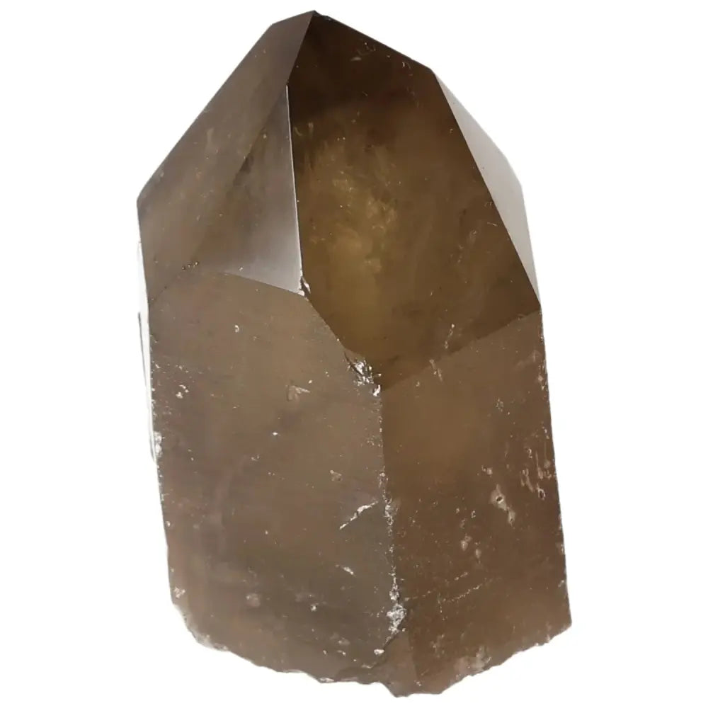 Polished smoky quartz point crystal, known for grounding energy and protective qualities, perfect for spiritual practices or home décor.