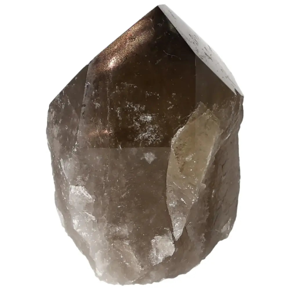 Polished Smoky Quartz Point crystal from Sylvia Crystals, known for grounding energy and protective healing qualities.