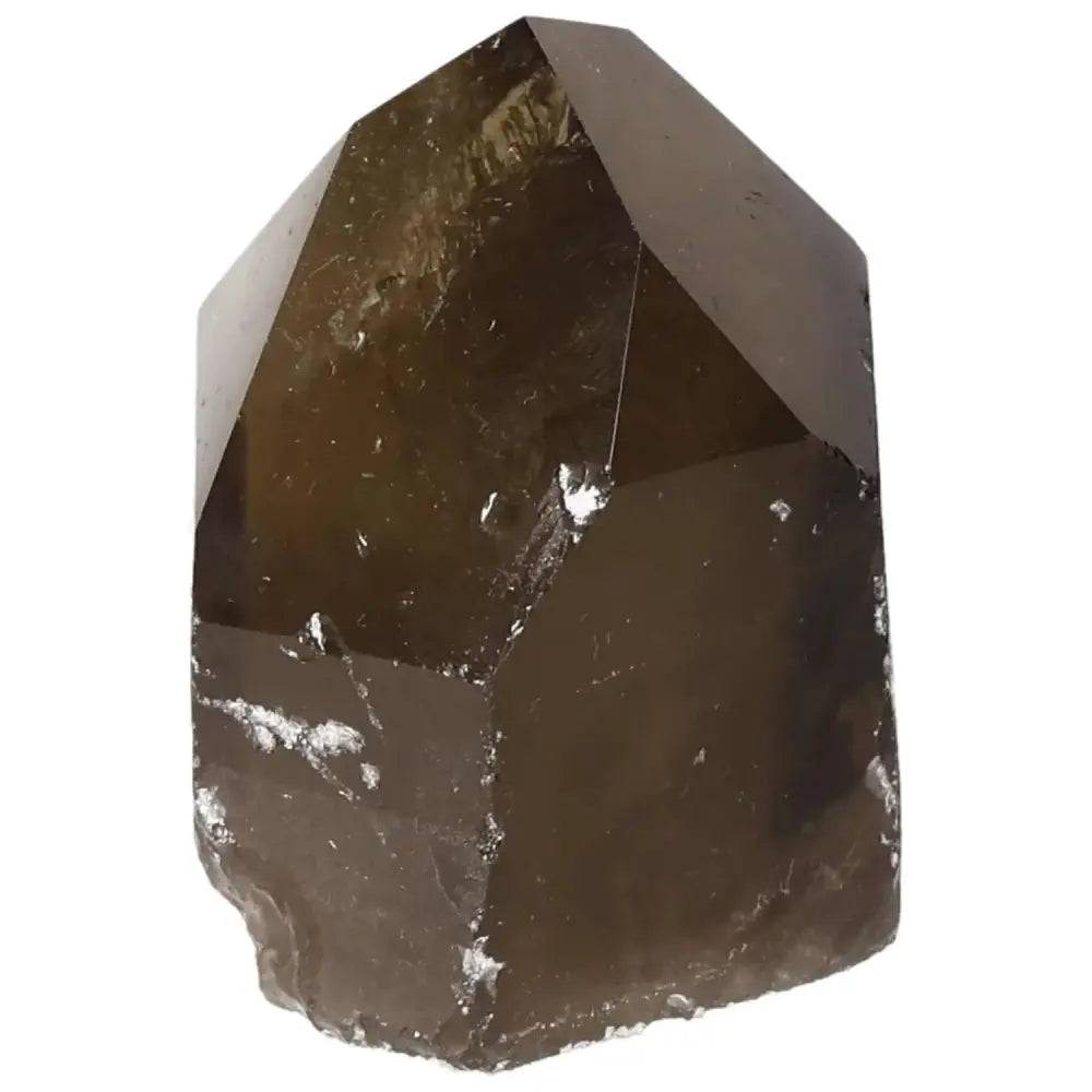 Polished Smoky Quartz Point with a glossy finish, Sylvia Crystals, offering grounding energy and emotional balance.