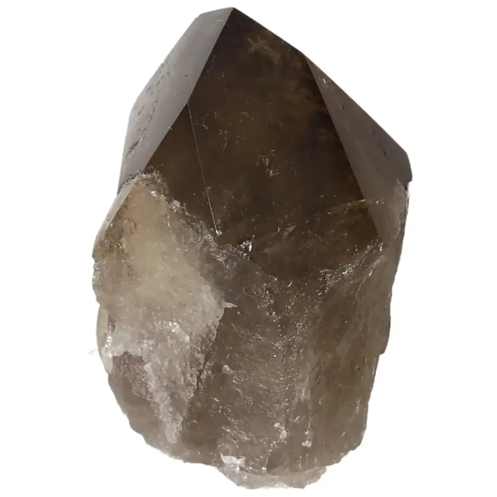 Polished Smoky Quartz Point crystal from Sylvia Crystals, known for grounding energy and absorbing negativity, ideal for decoration and healing.