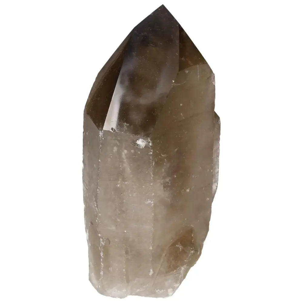 Polished Smoky Quartz Point crystal from Sylvia Crystals, known for its grounding properties and luxurious appearance.