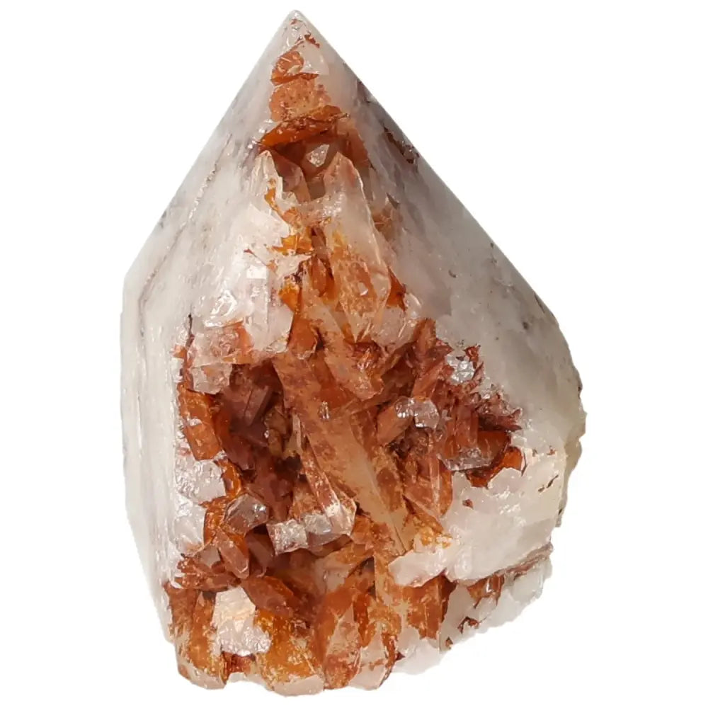 Alt Tag: Polished Tangerine Quartz Point from Sylvia Crystals, showcasing vibrant hue and premium quality, for energy and beauty seekers.