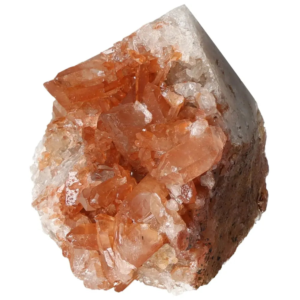 Polished Tangerine Quartz Point showcasing vibrant orange hues and crystal formations from Sylvia Crystals, ideal for spiritual enhancement.