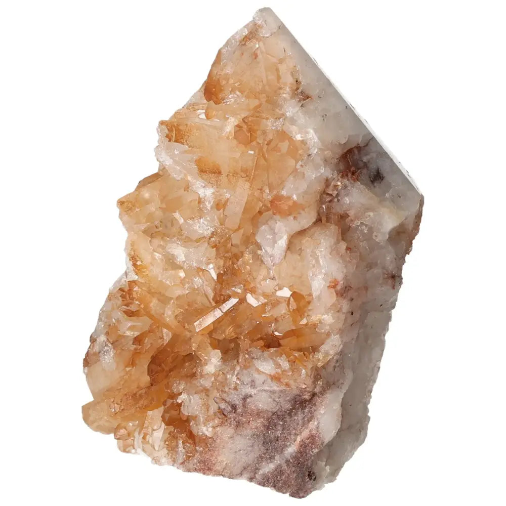 Polished Tangerine Quartz Point with glossy finish and rich color, enhancing meditation spaces, from Sylvia Crystals.
