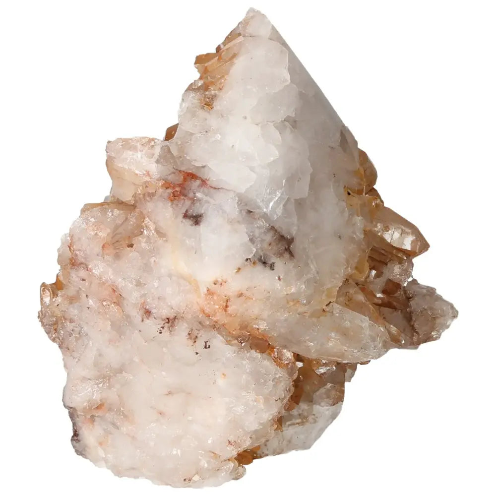 Close-up of a clear and reddish-white raw crystal cluster on a white background, showcasing natural formations and textures.