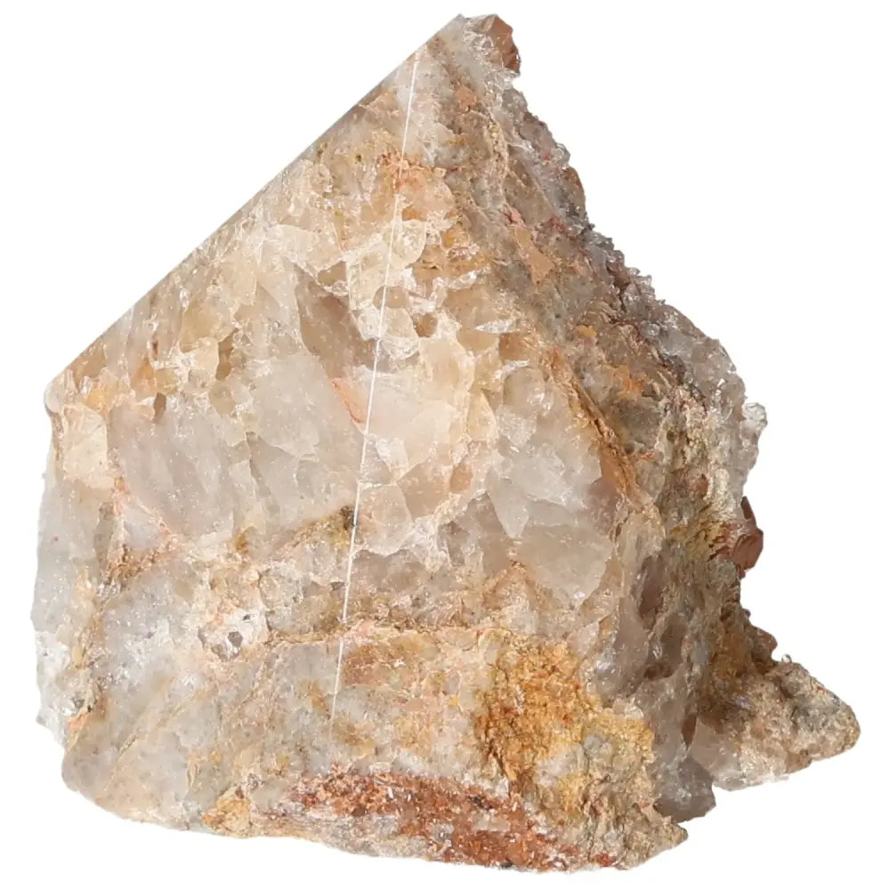 Rough quartz mineral specimen with natural textures and earthy tones.