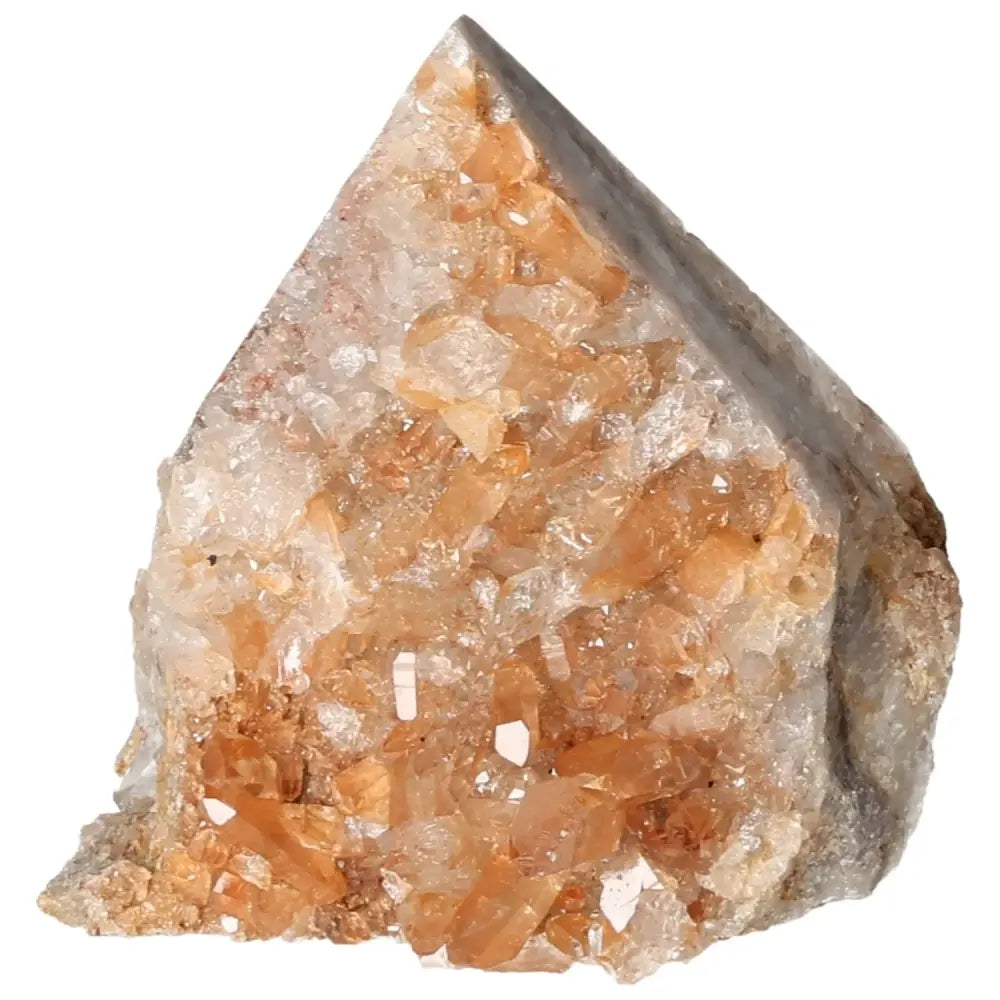 Polished Tangerine Quartz Point with vibrant orange hue and elegant finish, ideal for adding warmth to decor, selected by Sylvia Crystals.