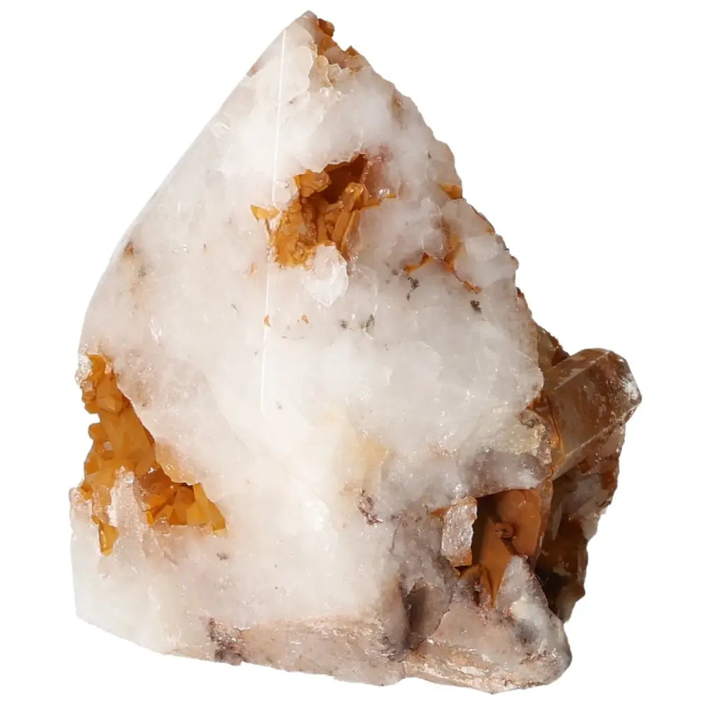 Close-up of Polished Tangerine Quartz Point crystal with vibrant orange hue and natural inclusions, enhancing vitality and creativity.