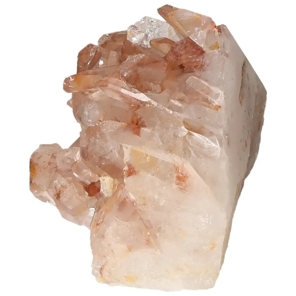 Polished Tangerine Quartz Point showcasing vibrant hues with natural hematite inclusions from Sylvia Crystals, gemstone side view.