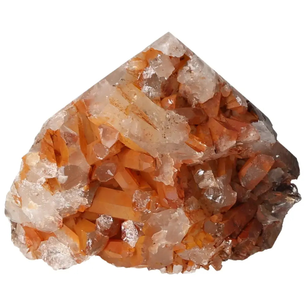 Vibrant polished tangerine quartz point crystal from Sylvia Crystals, showcasing luxury and quality with its distinct orange hue.