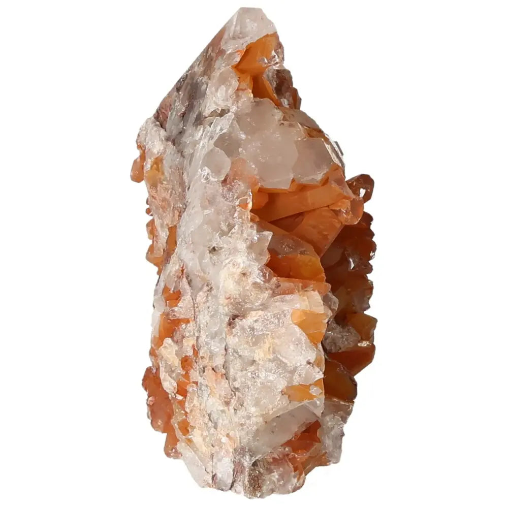 Close-up of a polished tangerine quartz crystal with vibrant orange hues from Sylvia Crystals, showcasing luxury and quality.