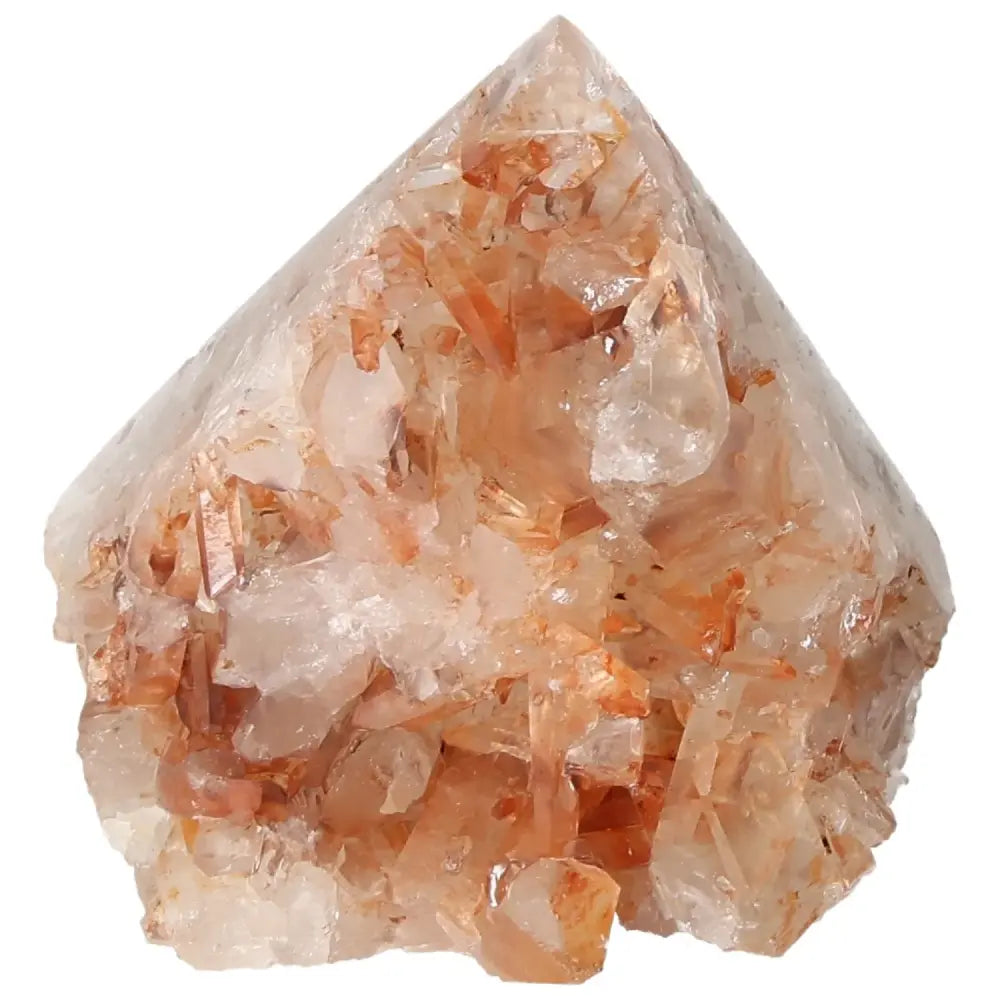 Polished Tangerine Quartz Point with vibrant orange hues, enhancing energy, from Sylvia Crystals. Ideal for spiritual growth and decor.