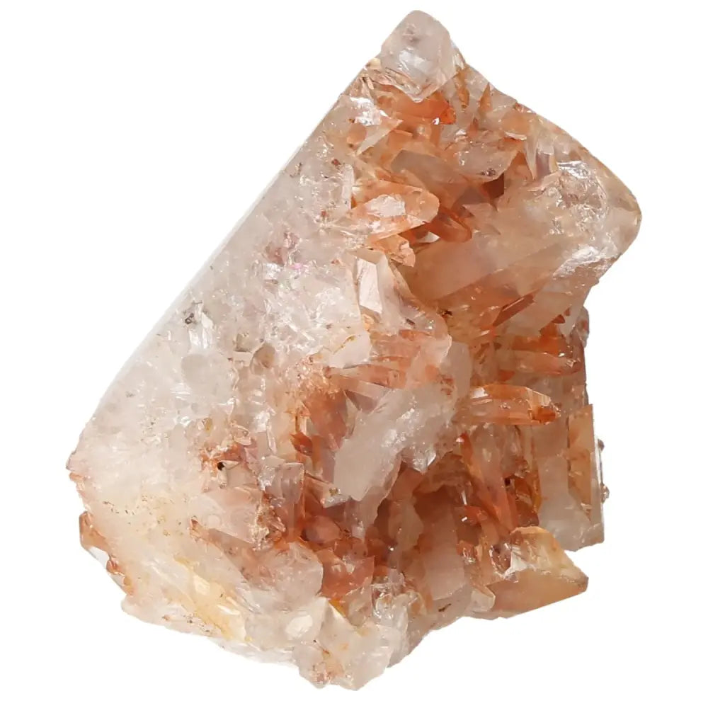 Close-up of a Polished Tangerine Quartz Point with radiant orange hues and intricate crystal formations