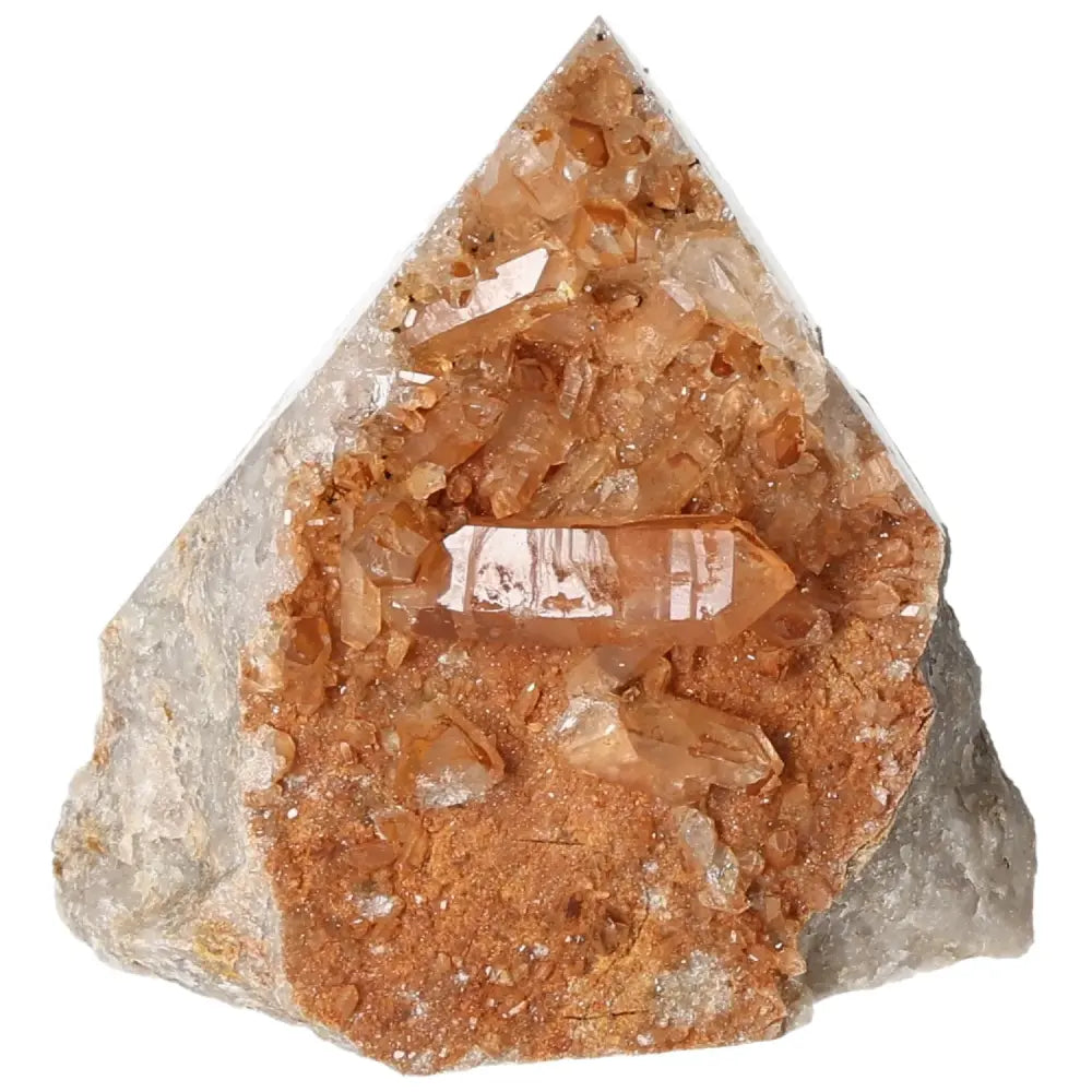 Polished Tangerine Quartz Point gemstone from Sylvia Crystals, showcasing vibrant energy and creative transformation properties.