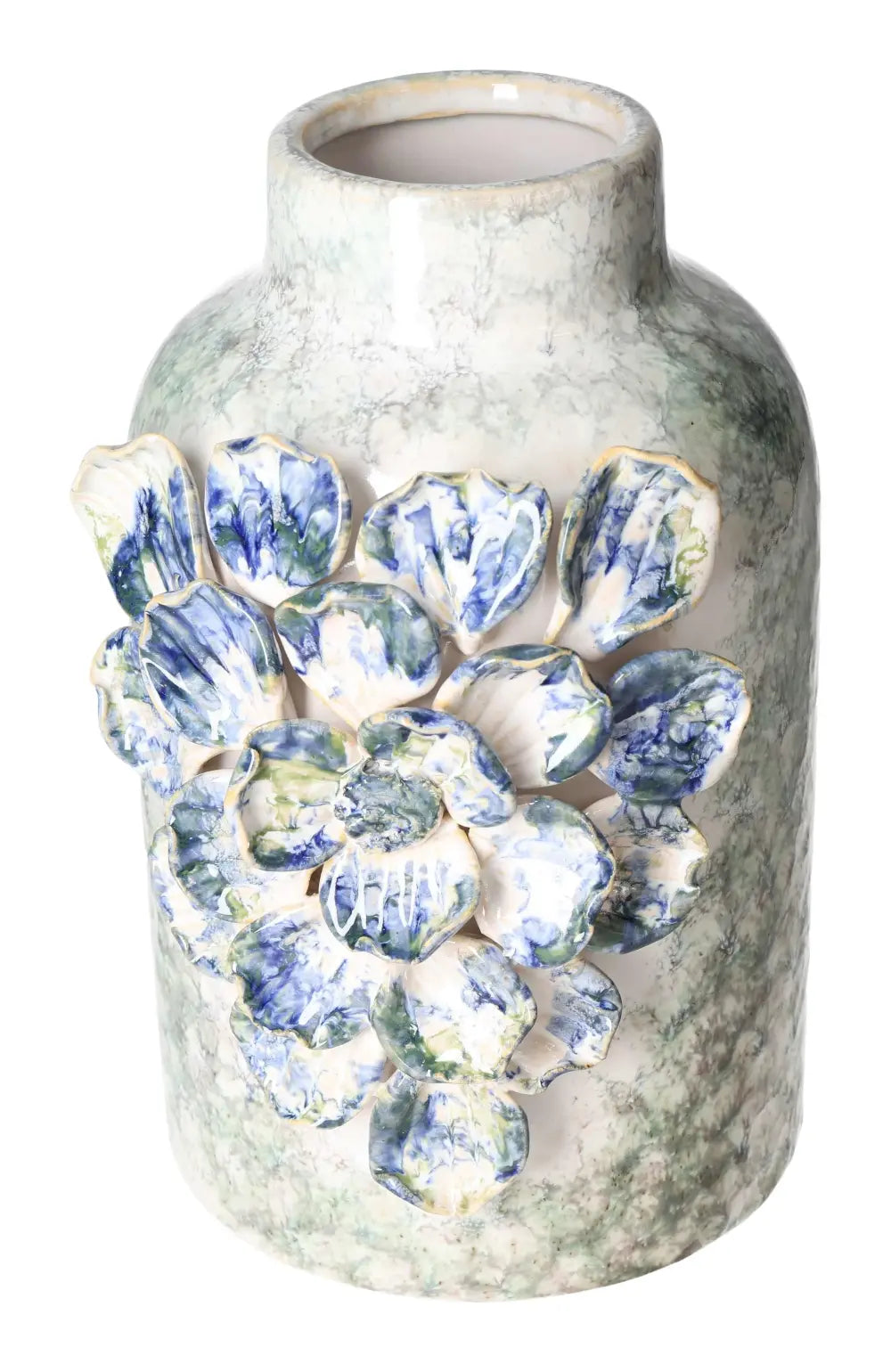 Porcelain Style Vase by Sylvia Crystals, featuring intricate blue and green floral design, 16x13x23 dimensions, showcasing luxury craftsmanship.