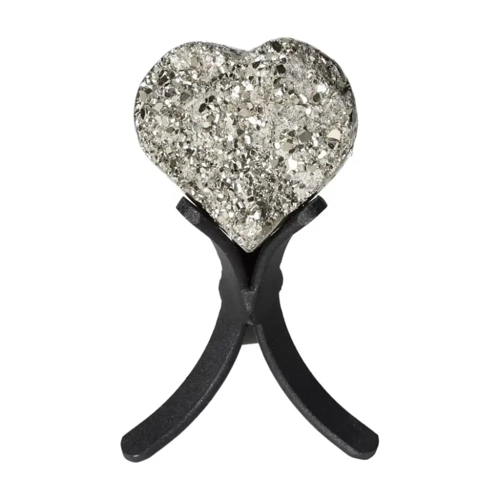 Polished pyrite heart on stand showcasing golden luster and grounding energy, perfect for elevating space and energy.