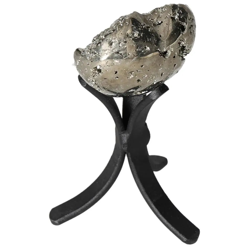 Polished pyrite heart on a stand, showcasing its golden luster and grounding energy, perfect for home decor and spiritual enhancement.
