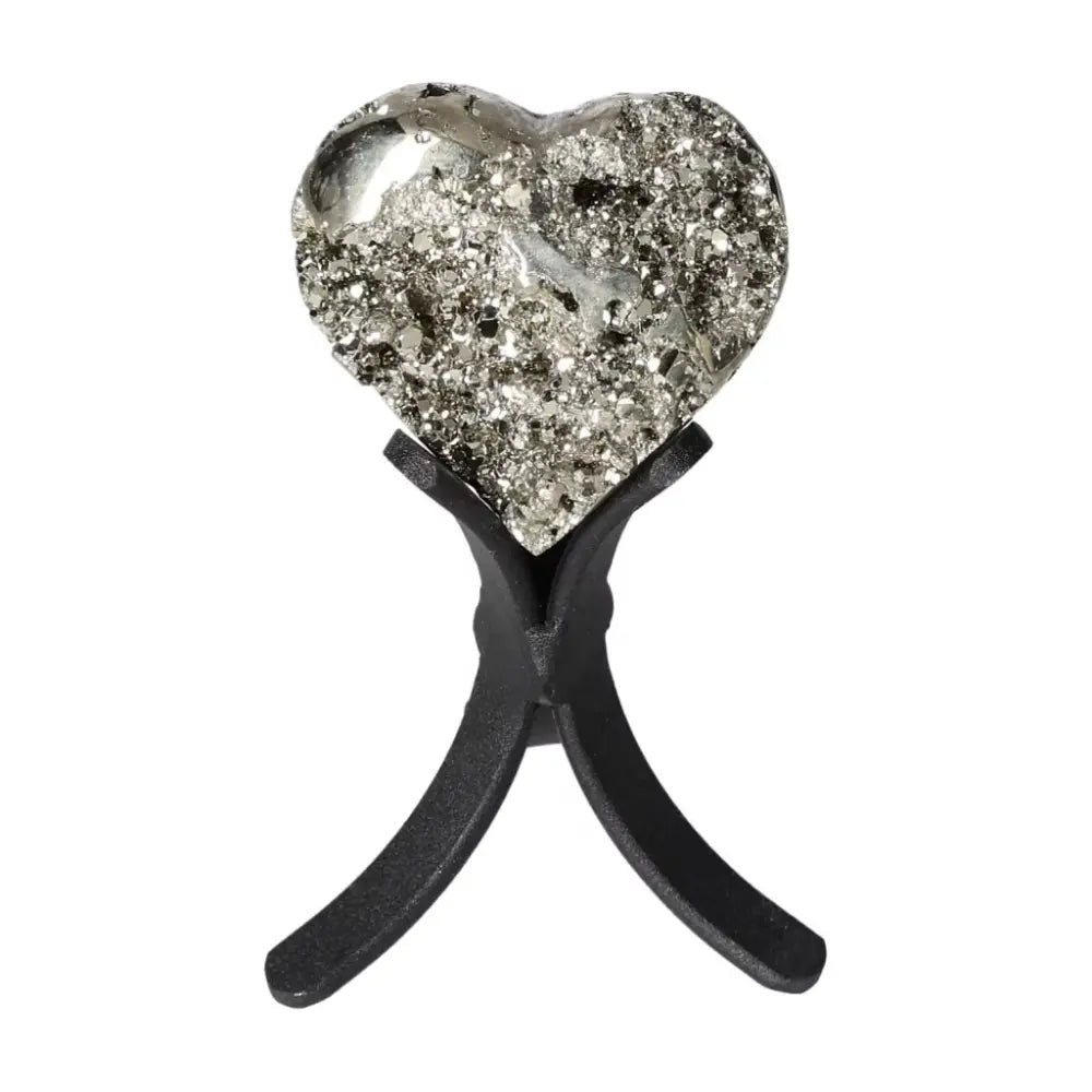 Polished pyrite heart on stand, showcasing radiant golden luster and grounding energy for home decor.