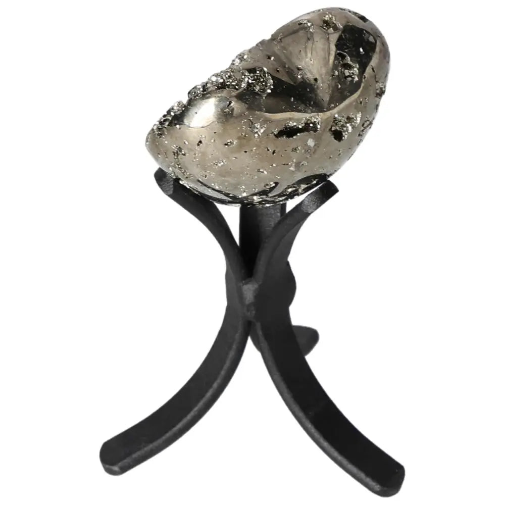 Alt Tag: Polished pyrite heart showcasing golden luster on an elegant stand, embodying radiant energy and grounding power in unique design.