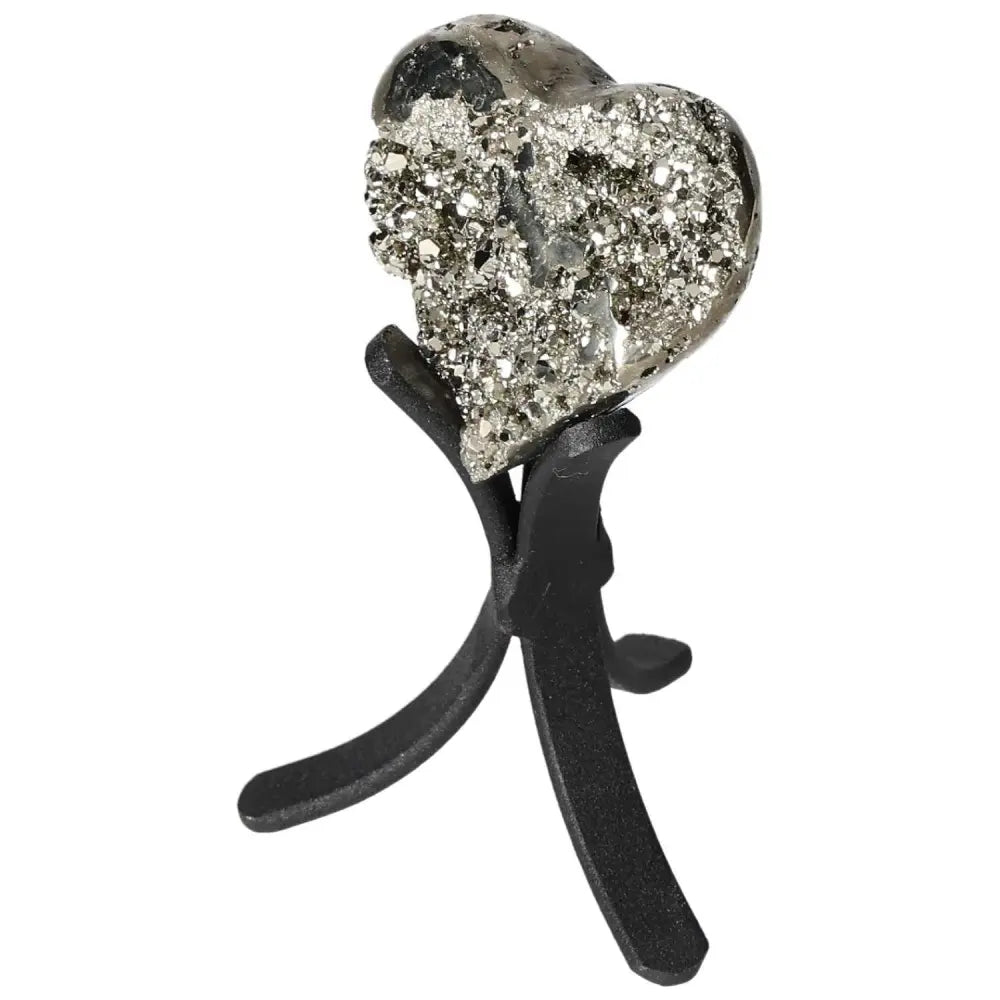 Polished pyrite heart on a stand showcasing golden luster and radiant energy for home decor and grounding power.