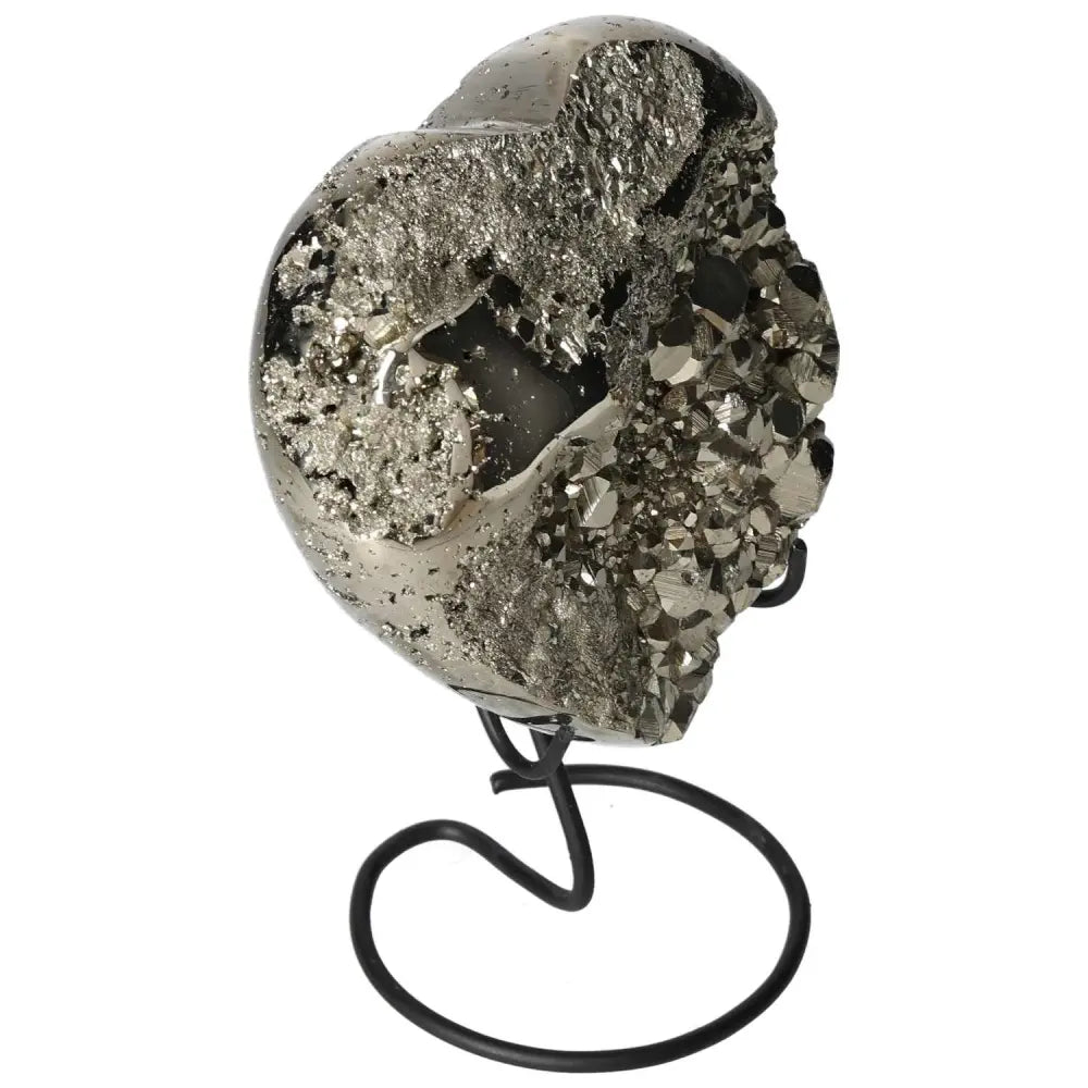 Polished heart-shaped pyrite on stand, showcasing its golden luster and natural crystalline texture, perfect for home decor.
