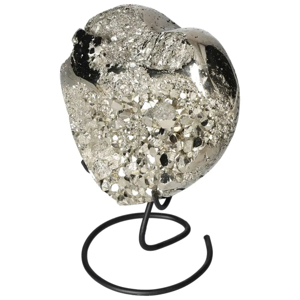 Polished pyrite heart sculpture on a stand, showcasing its golden luster and intricate crystalline texture, for decor or spiritual energy.