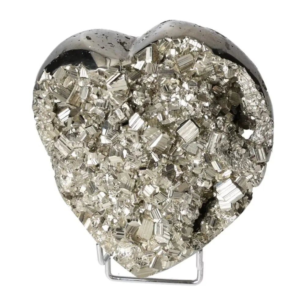Polished pyrite heart shape with golden luster, showcasing the stone's radiant energy and grounding power, on a white background.