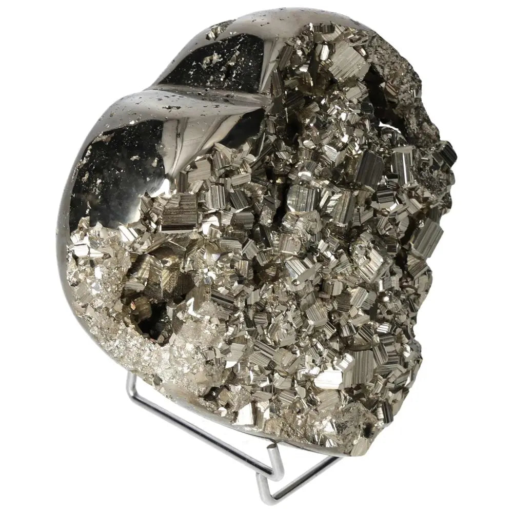 Heart-shaped polished pyrite sculpture showcasing golden luster, designed to elevate space with radiant energy and grounding power.