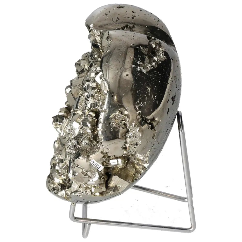 Polished pyrite heart showcasing golden luster and intricate crystal formations, ideal for energy elevation and decorative elegance.