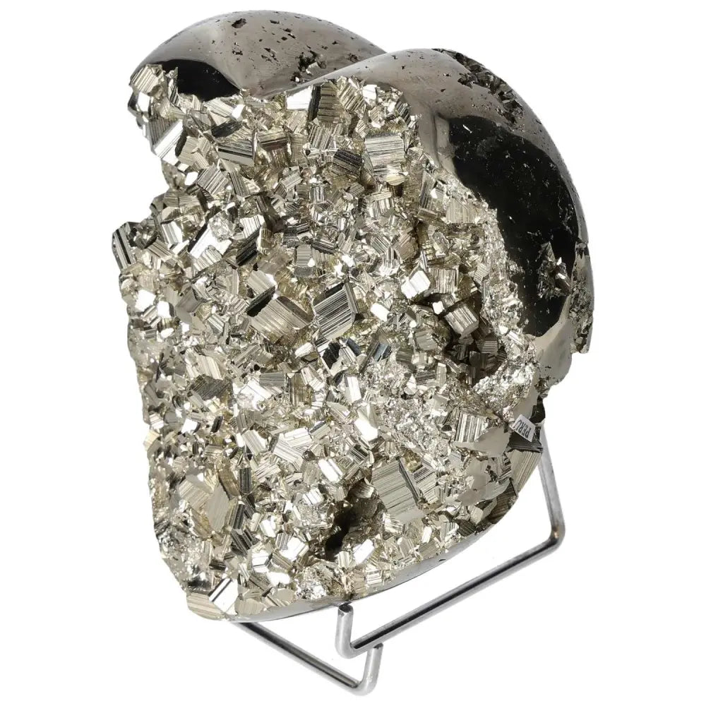 Polished pyrite heart shape with golden luster, showcasing natural crystal formations on a display stand.