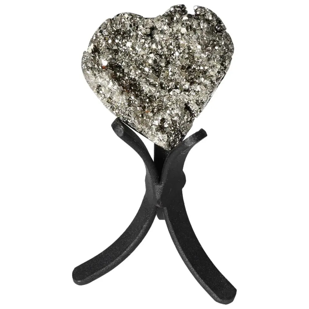 Polished pyrite heart shape with golden luster on a stand, showcasing radiant energy and grounding power, perfect for elevating space.