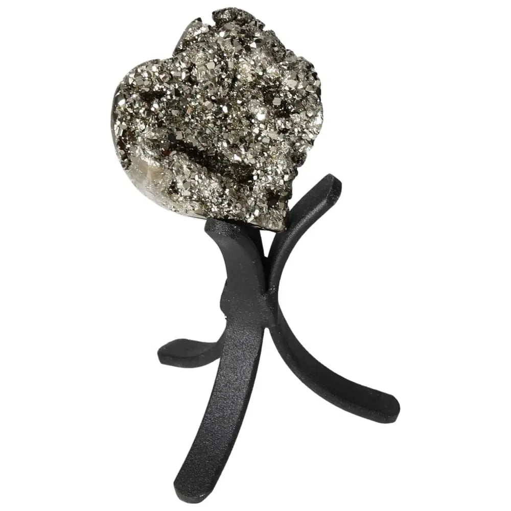 Polished pyrite heart on stand showcasing golden luster and grounding energy, perfect for elevating space.