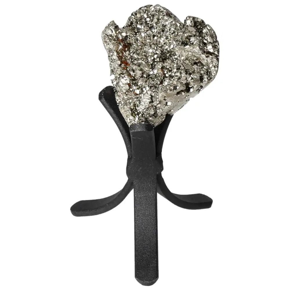 Polished pyrite heart on display stand, showcasing radiant golden luster and grounding energy, ideal for home decor and spiritual balance.