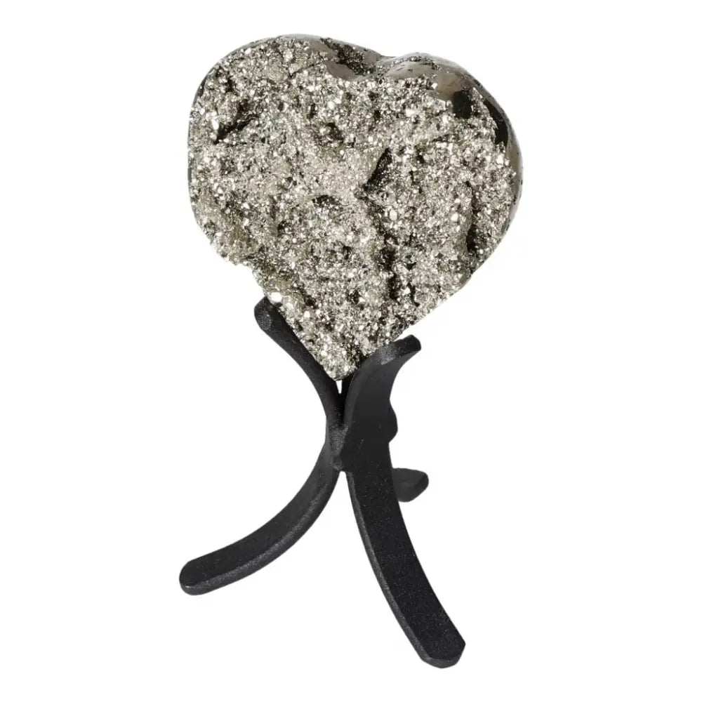 Polished pyrite heart on display stand showcasing radiant golden luster and grounding energy for home decor.