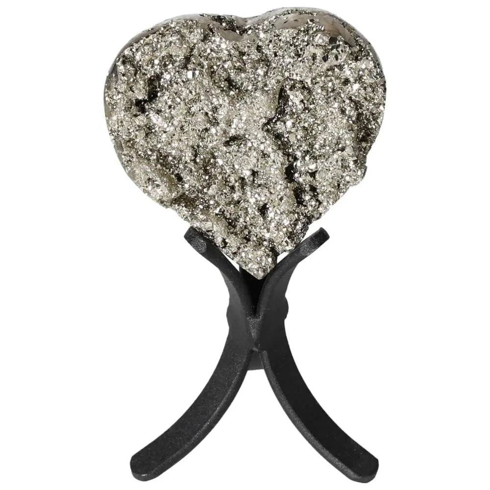 Polished pyrite heart on stand showcasing radiant golden luster and grounding energy, ideal for enhancing space and energy.