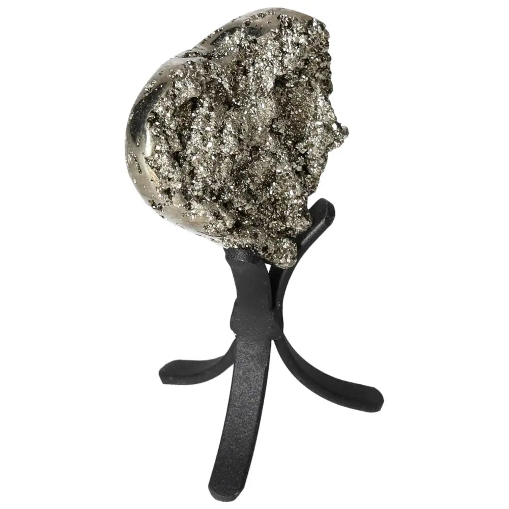 Polished heart-shaped pyrite on stand showcasing its golden luster and grounding energy, perfect for enhancing space and spirit.