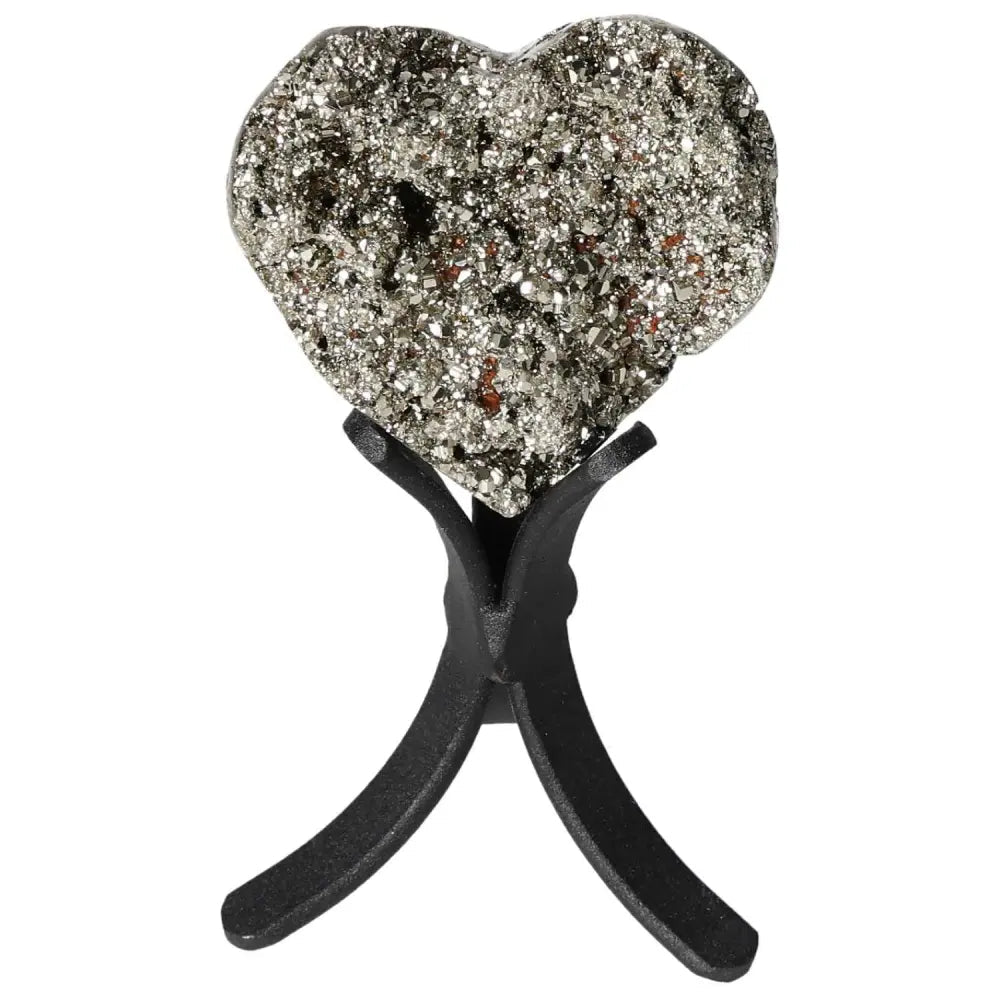Heart-shaped polished pyrite with golden luster on display stand, showcasing radiant energy and elegant design.